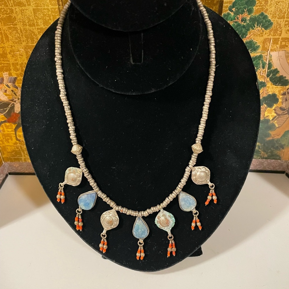 Antique Chrysocolla and Coral Tibetan Necklace